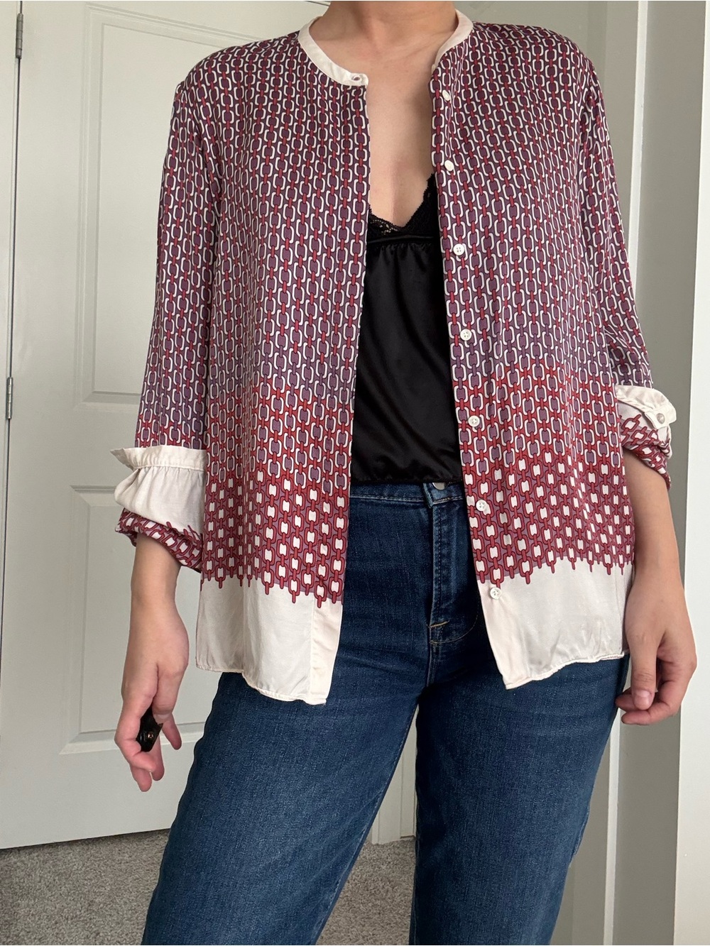 3 FOR $50 | Massimo Dutti Maroon Patterned Button-Down Blouse with Cream Trim - Picture 2 of 6